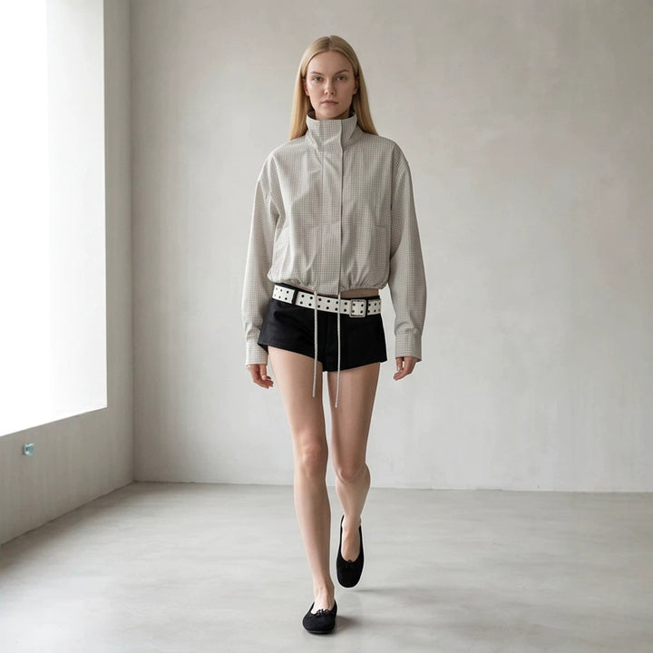 Women’s short cut lightweight transitional jacket with stand-up collar and elastic hem Mune Fashion