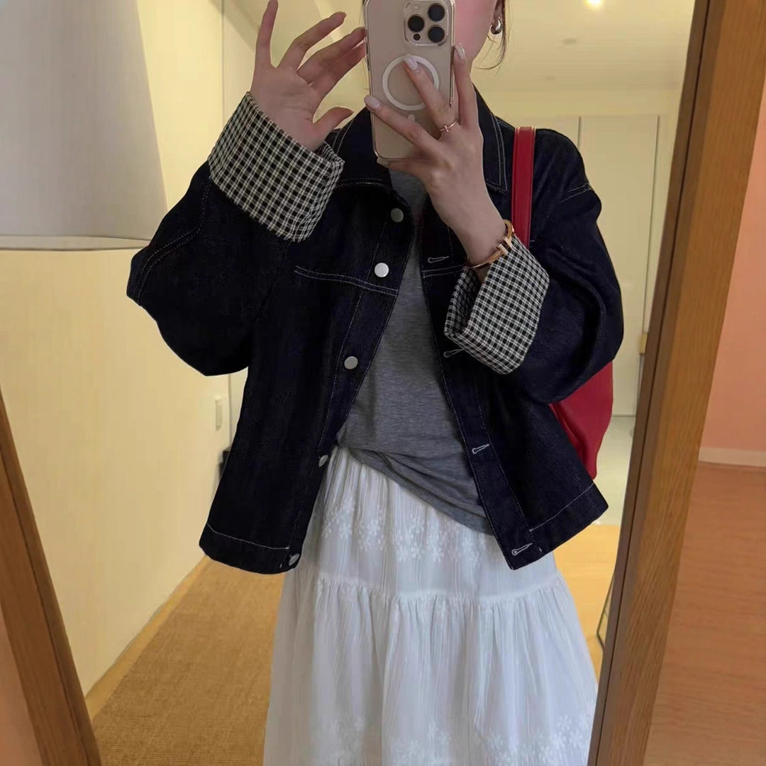 Women Oversized Denim Jacket with Contrasting Check Lining and Cuff Roll Mune Fashion