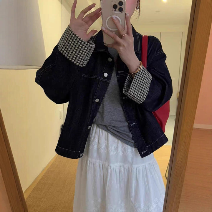 Women Oversized Denim Jacket with Contrasting Check Lining and Cuff Roll Mune Fashion