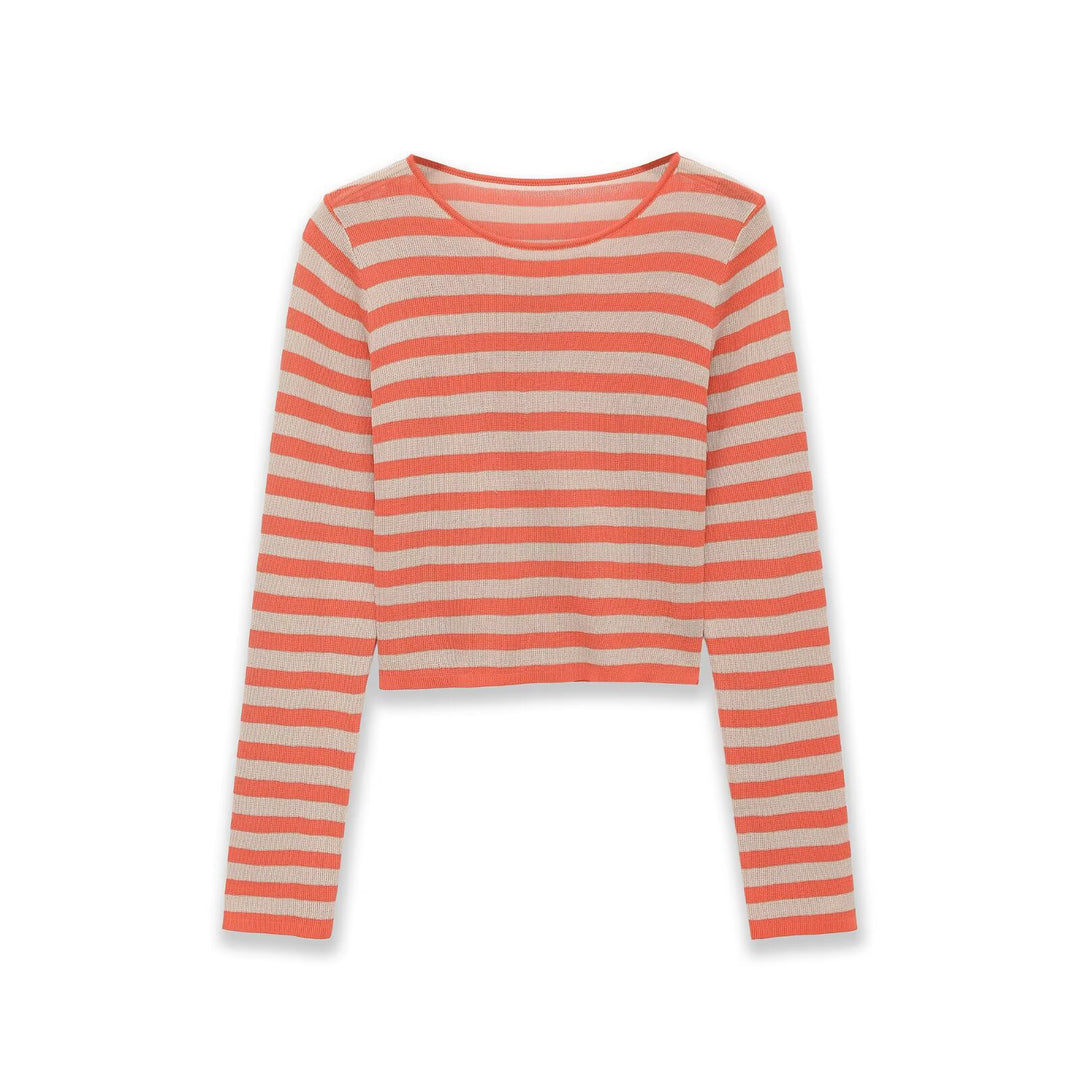 Women Striped Cropped Fine Knit Sweater with Round Neck Mune Fashion