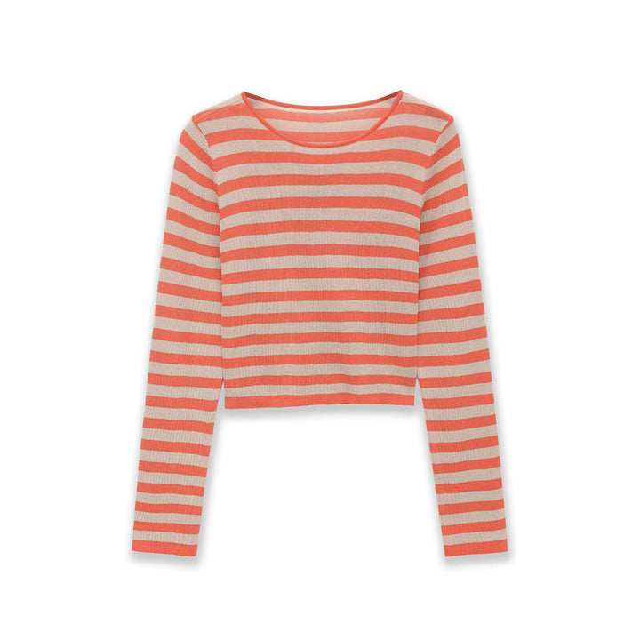 Women Striped Cropped Fine Knit Sweater with Round Neck Mune Fashion
