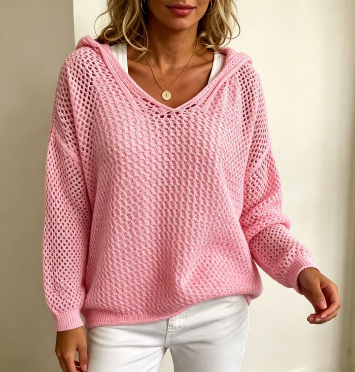 Women's Chunky Knit V-Neck Sweater with Hood and Lace Pattern Mune Fashion