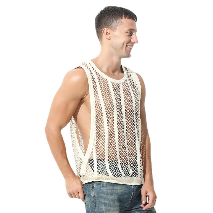 Women's airy hole knit mesh top with wide straps and elastic hem Mune Fashion