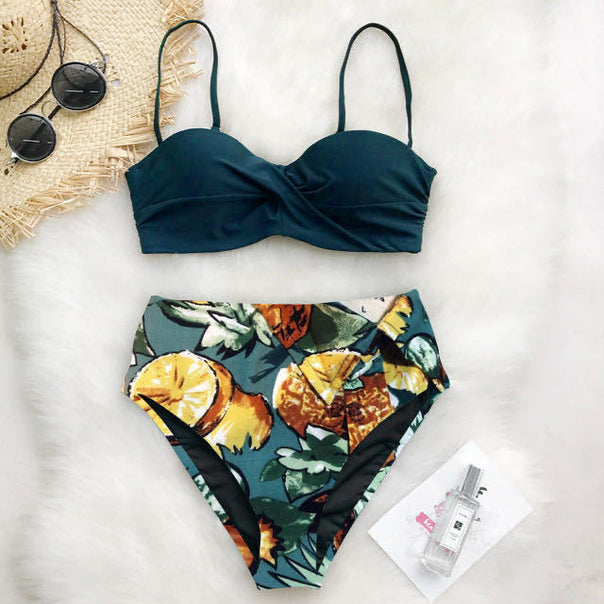 Ladies high-waisted bikini set with floral top Mune Fashion
