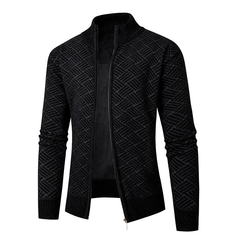 Men's Thermal Knit Jacket with Full Zip, Lined Stand-Up Collar and Geometric Structure Pattern Mune Fashion