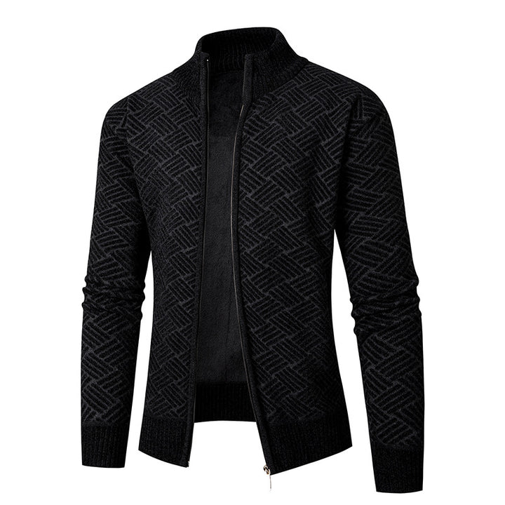 Men's Thermal Knit Jacket with Full Zip, Lined Stand-Up Collar and Geometric Structure Pattern Mune Fashion