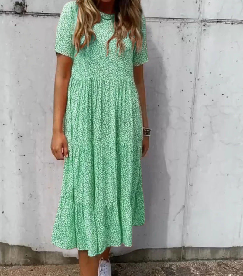 Women's light midi dress with gathered waist, short sleeves, and multilayered tiered skirt Mune Fashion