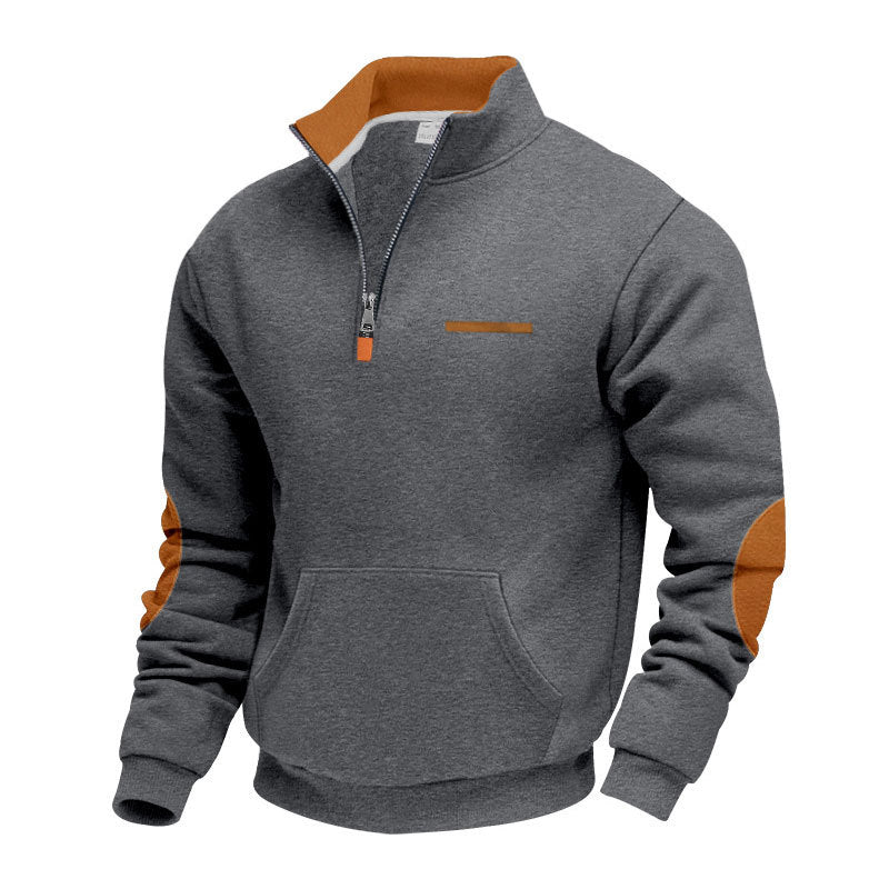 Men's half-zip sweatshirt with stand-up collar, kangaroo pocket, and elbow patches Mune Fashion