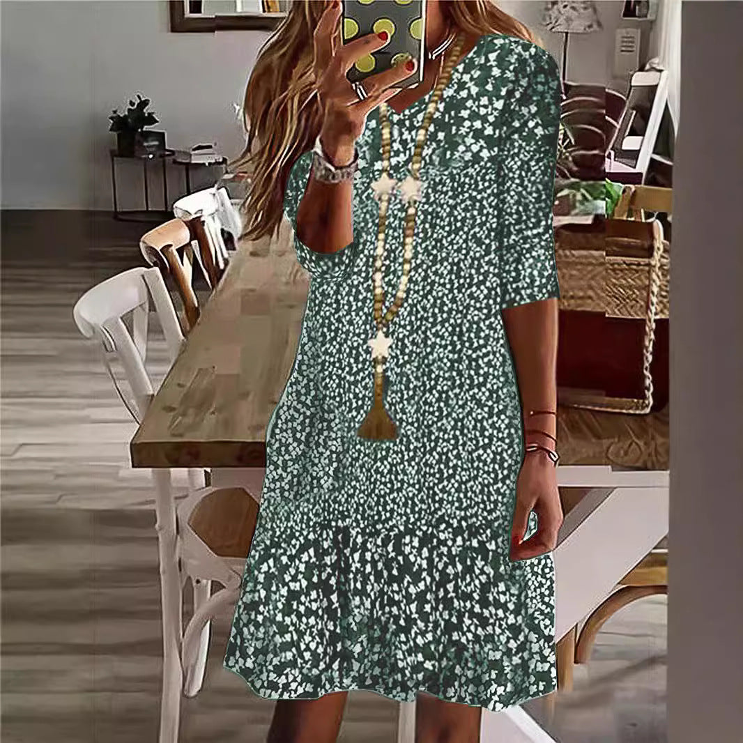 Women Casual Midi Dress with Ruffle Hem, Three-Quarter Sleeves and Floral Print Mune Fashion