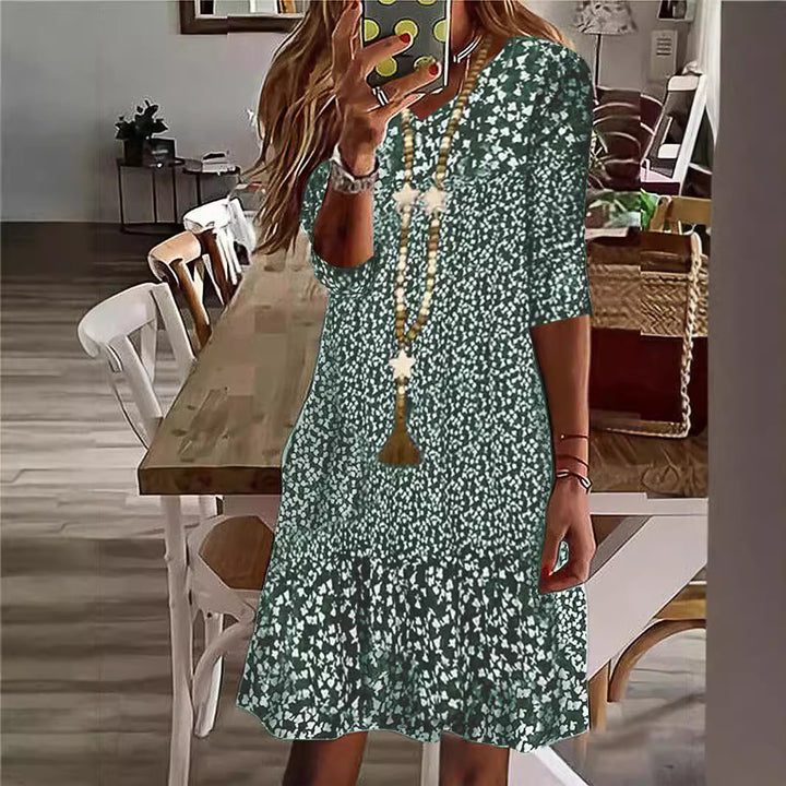Women Casual Midi Dress with Ruffle Hem, Three-Quarter Sleeves and Floral Print Mune Fashion