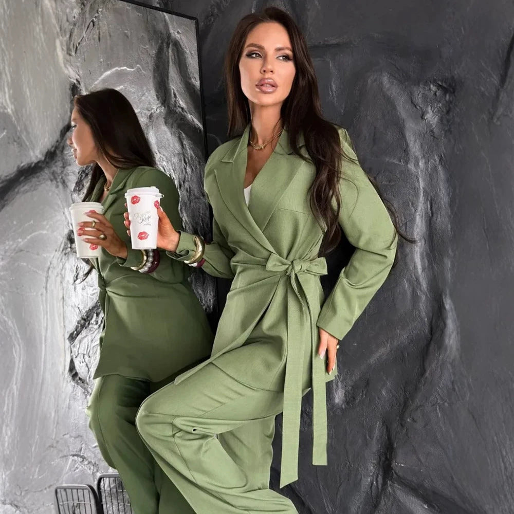 Women Tailored Blazer Coat with Tie Belt and Wide Suit Trousers Mune Fashion