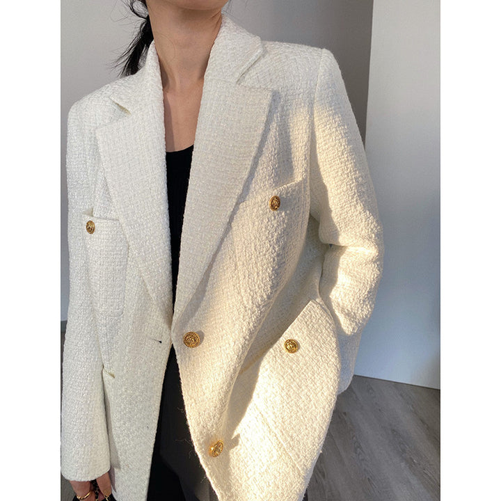 Women Elegant Tweed Blazer with Golden Buttons Mune Fashion