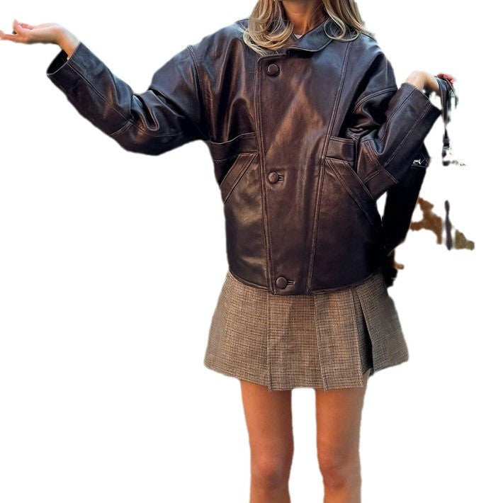 Women Short Cut Oversized Leather Jacket with Round Collar and Flap Pockets Mune Fashion