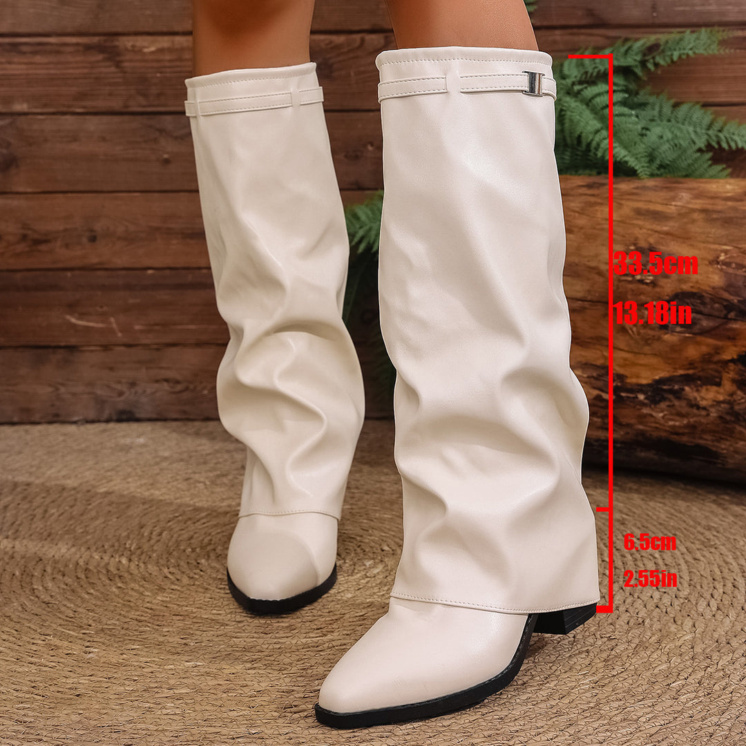 Women's knee-high slouch boots with pointed toe, low block heel, and decorative shaft strap Mune Fashion