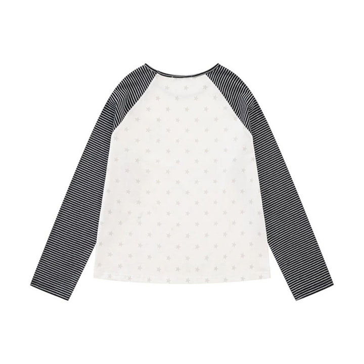 Women's raglan long sleeve shirt with striped sleeves, all-over stars and letter appliqué Mune Fashion