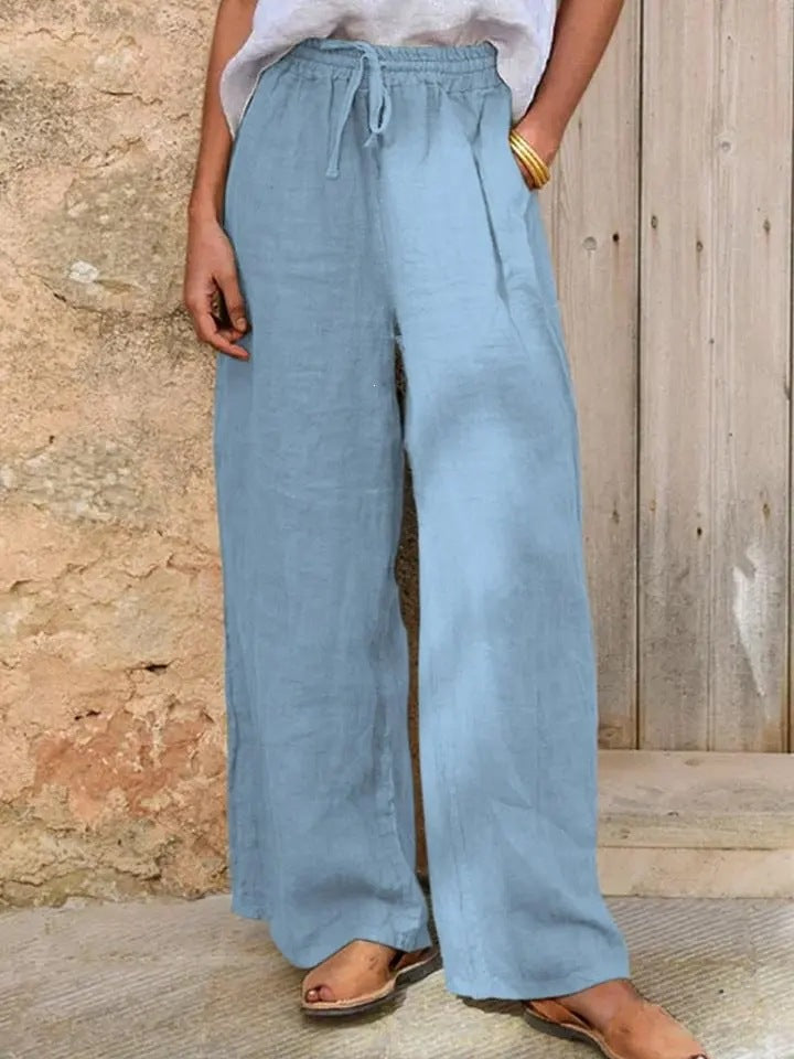 Women's High-Cut Linen Palazzo Pants with Drawstring and Wide Leg Mune Fashion