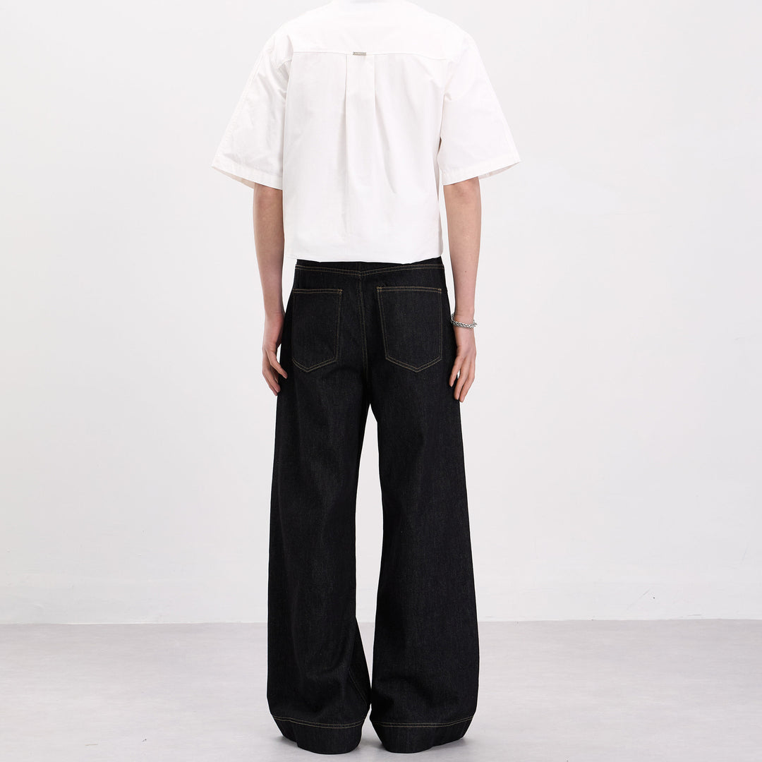 Men's Oversized Denim Palazzo Pants with Sculptural Panel Seams and Deep Crotch Mune Fashion