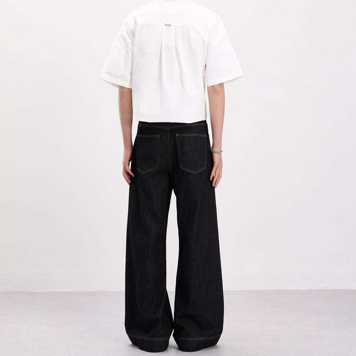 Men's Oversized Denim Palazzo Pants with Sculptural Panel Seams and Deep Crotch Mune Fashion