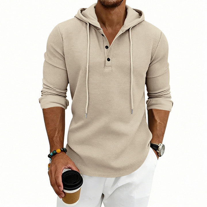 Men's Waffle Knit Henley Hoodie with Button Placket and Hood Mune Fashion