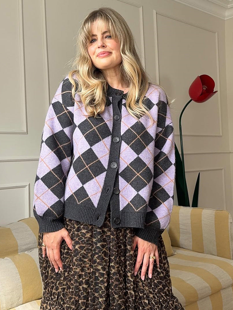 Ladies Argyle Cardigan with Boxy Silhouette and Large Button Placket Mune Fashion