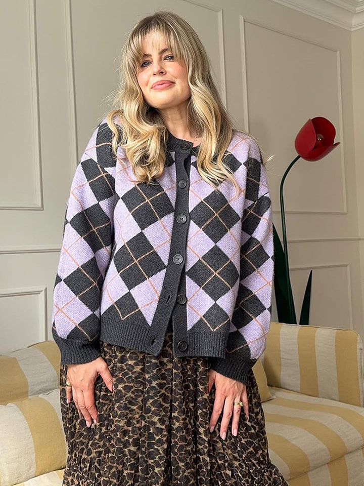 Ladies Argyle Cardigan with Boxy Silhouette and Large Button Placket Mune Fashion