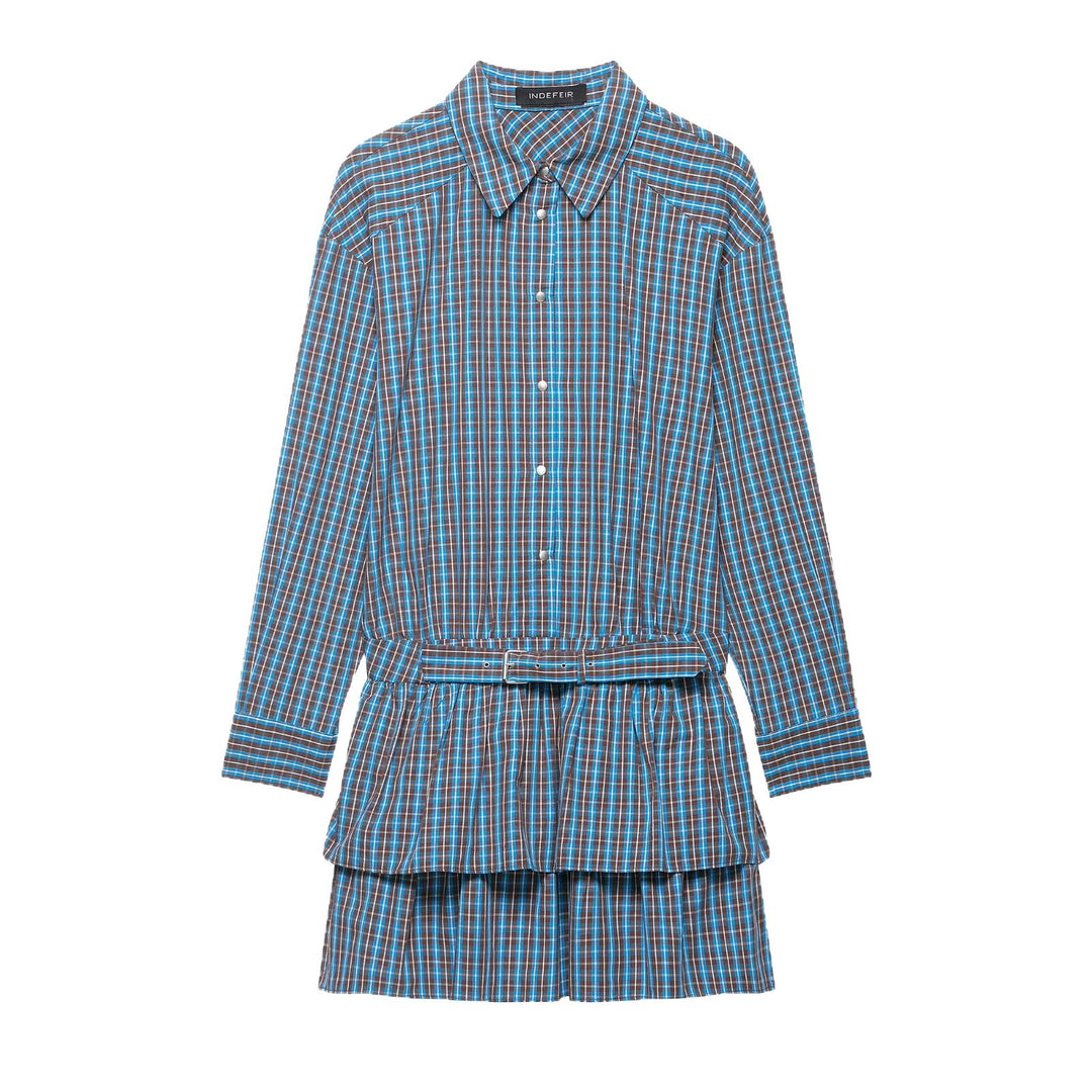 Women's Tailored Shirt Dress in Checkered Pattern with Tying Belt and Tiered Skirt Mune Fashion