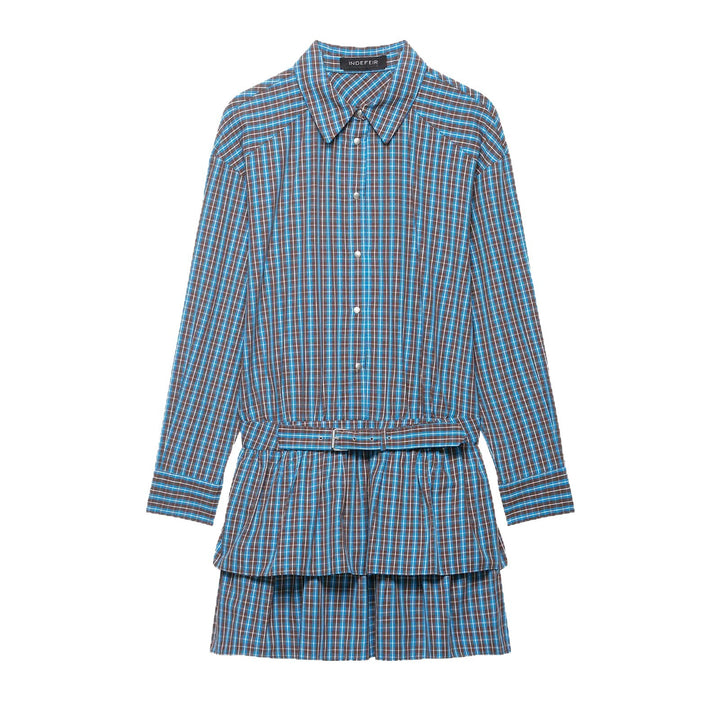 Women's Tailored Shirt Dress in Checkered Pattern with Tying Belt and Tiered Skirt Mune Fashion