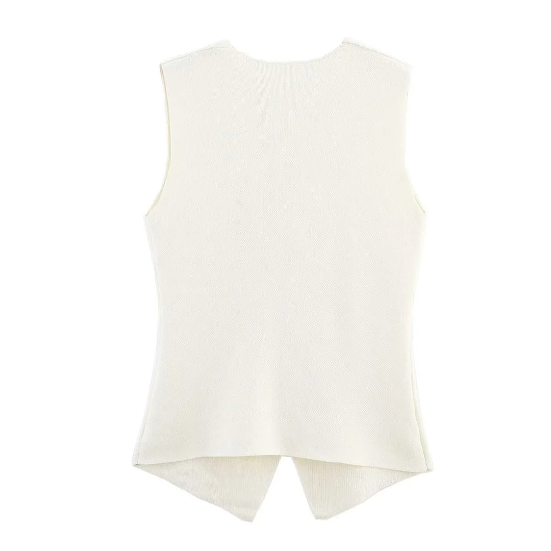 Women's fitted knitted vest with deep V-neck and decorative button placket Mune Fashion