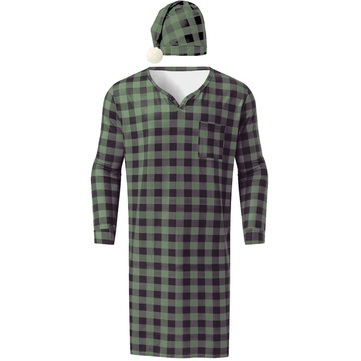 Men's long plaid nightgown with chest pocket and matching pointed hat Mune Fashion