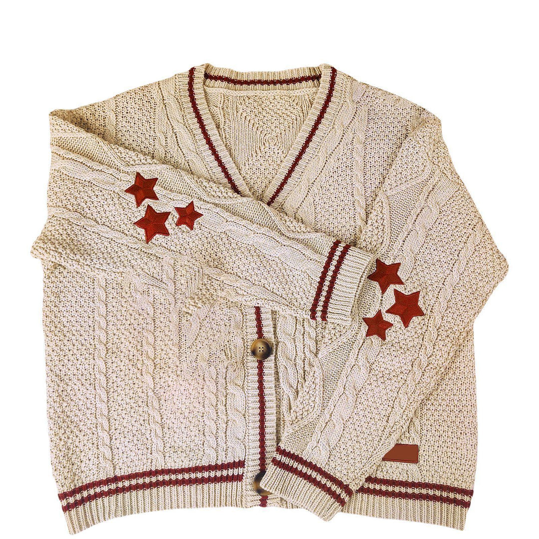 Women's oversized cable knit cardigan with V-neck, button placket and star appliqués Mune Fashion
