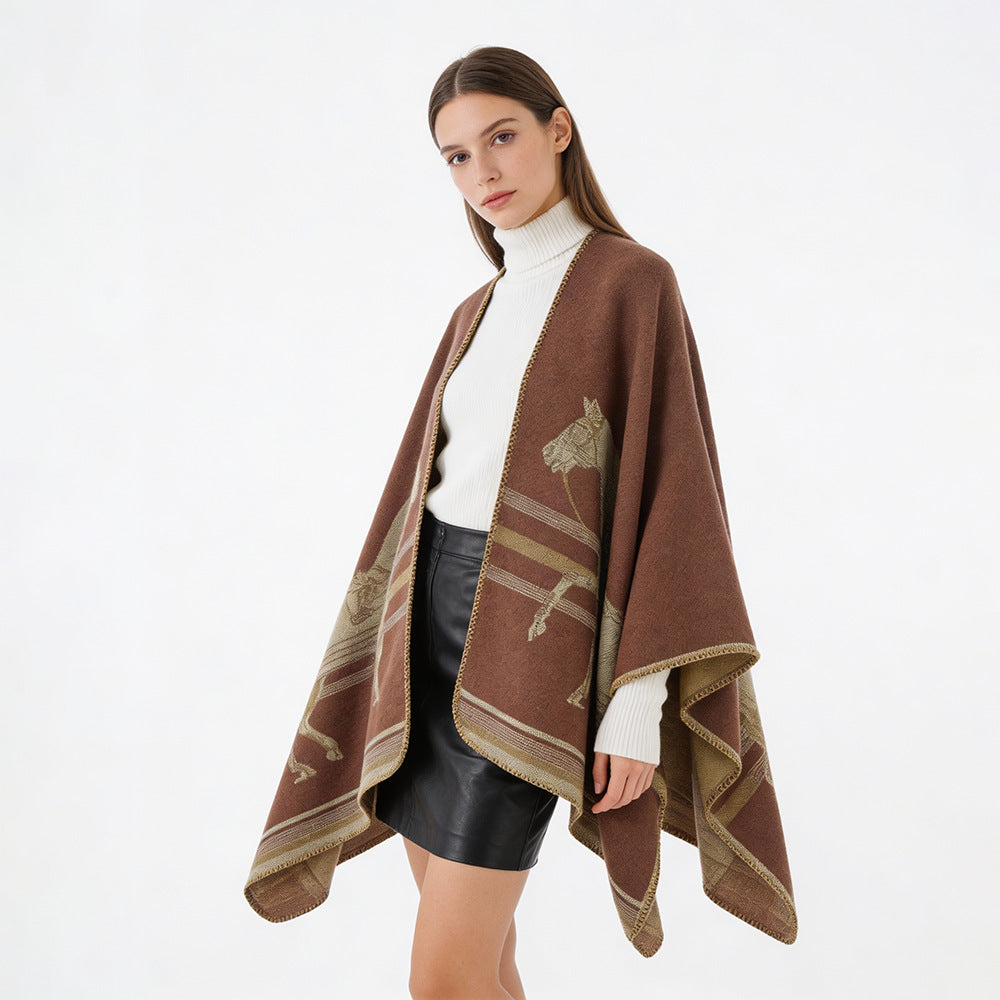 Women's poncho-cape made of wool blend with woven horse jacquard and contrasting piping Mune Fashion