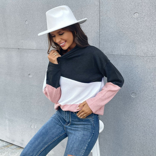Women's Tri-Color Structured Knit Sweater with High Collar and Casual Oversized Silhouette Mune Fashion