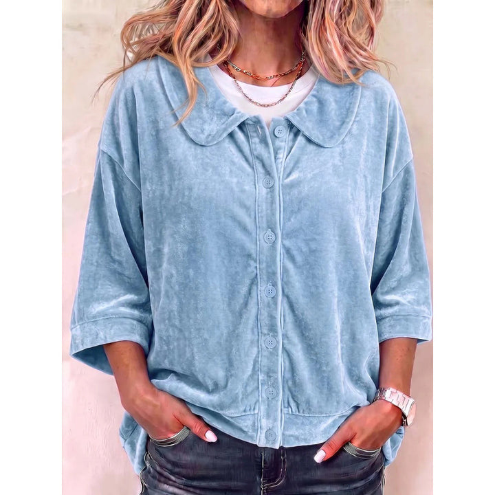 Women's Velvet Button-Down Blouse with Rounded Collar Mune Fashion