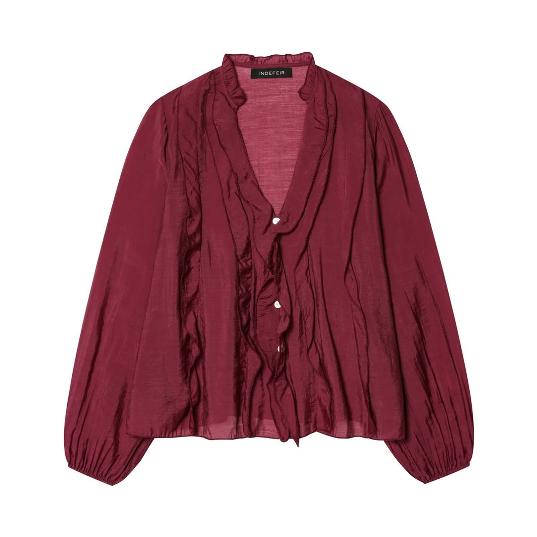 Women's Light Chiffon Blouse with Ruffle Button Placket and Balloon Sleeves Mune Fashion