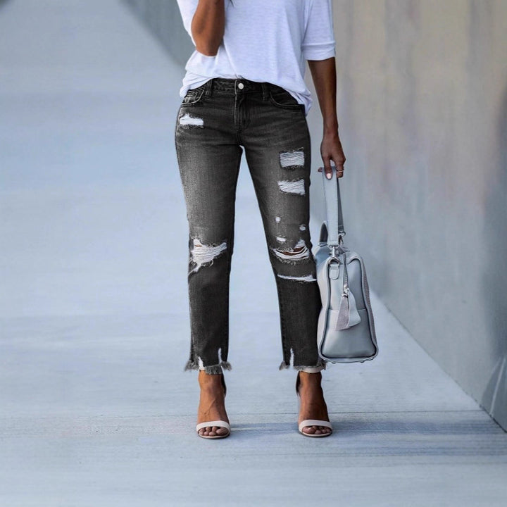 Women Cropped Destroyed Jeans with High Waist, Straight Leg & Raw Frayed Hem Mune Fashion