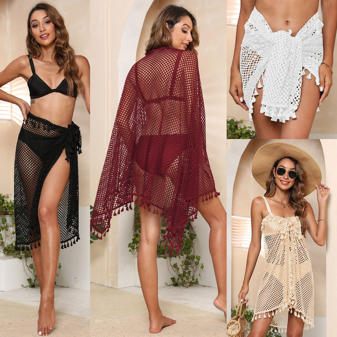 Women's transparent crochet beach cover-up with fringes Mune Fashion