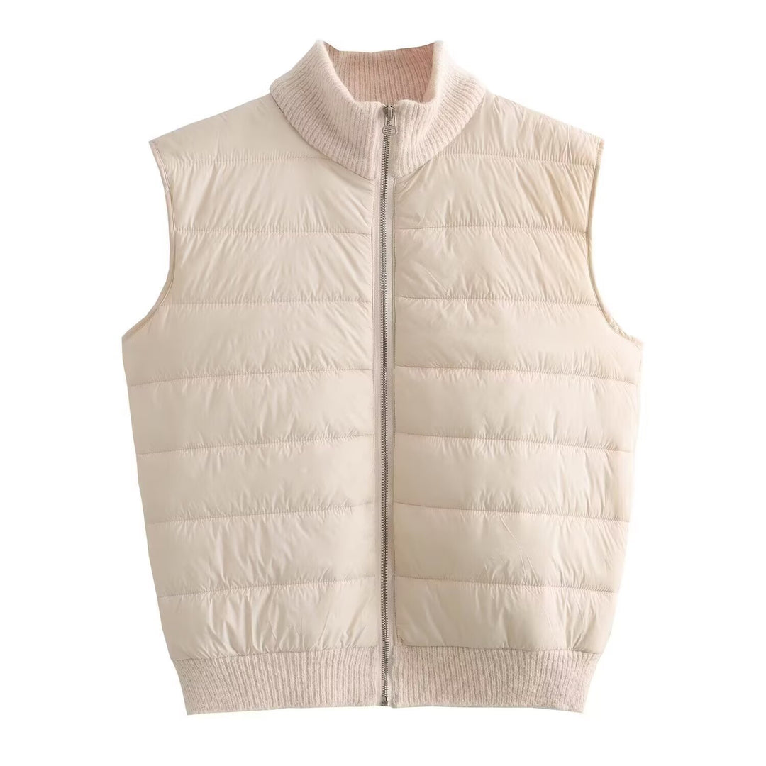 Women's Padded Quilted Vest with Knit Funnel Neck Mune Fashion