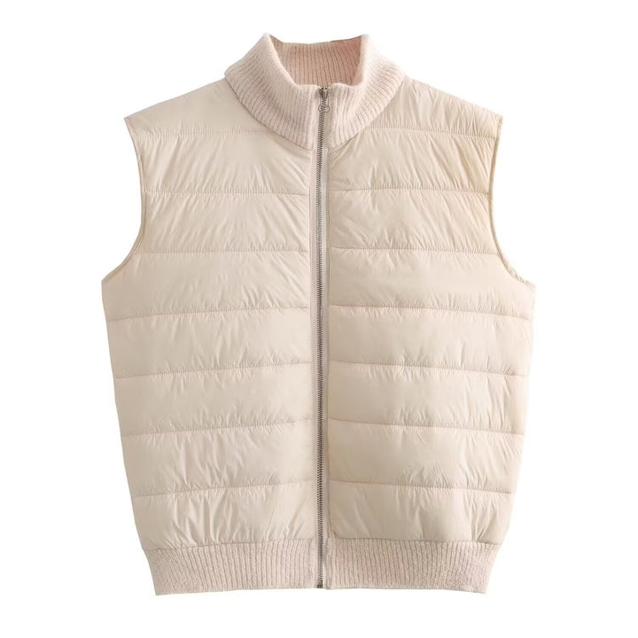 Women's Padded Quilted Vest with Knit Funnel Neck Mune Fashion