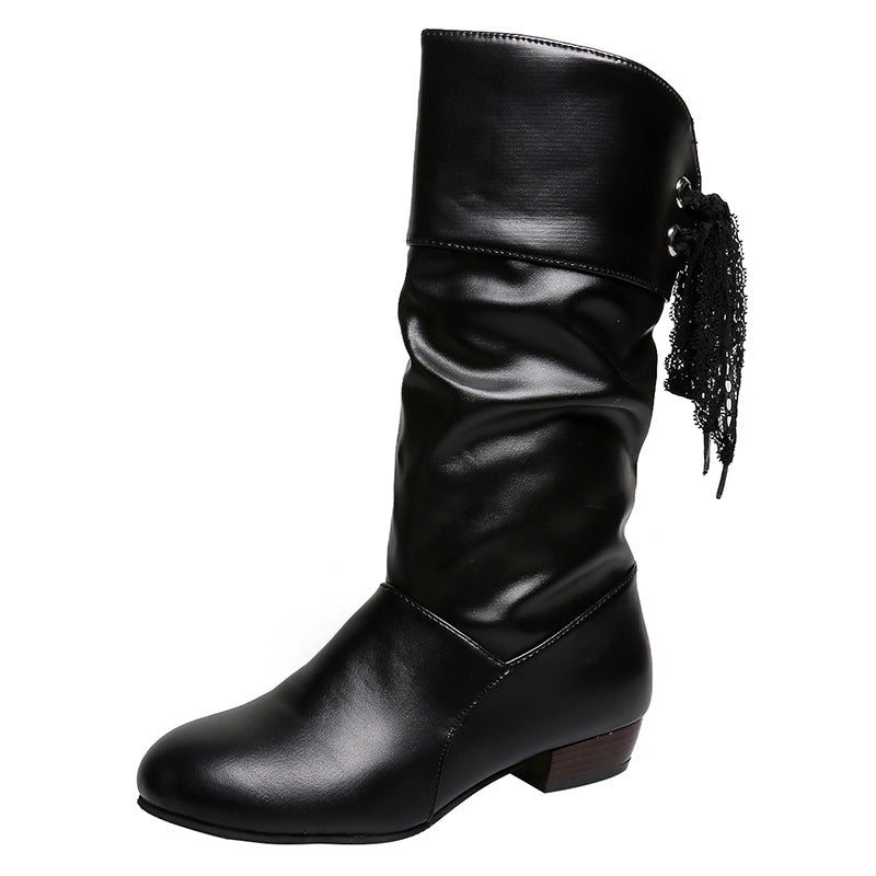 Women's Refined Boots with Mid-Height Shaft, Soft Gather and Decorative Bow Binding Mune Fashion