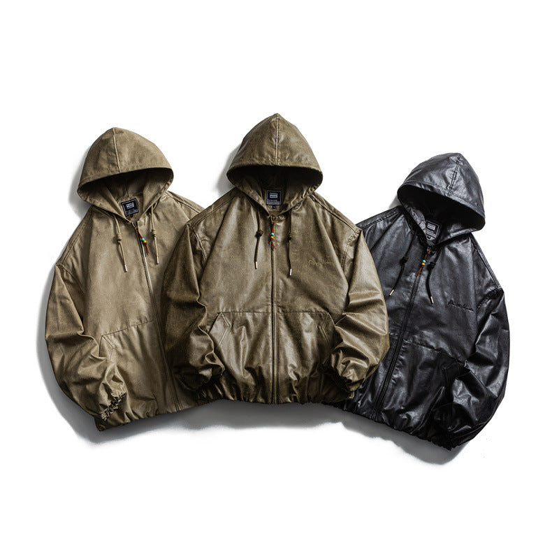 Men's short-cut faux leather hooded jacket in boxy cut with elastic hem and kangaroo pockets Mune Fashion