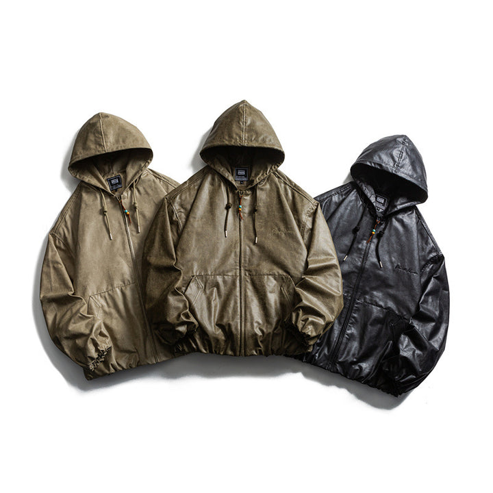 Men's short-cut faux leather hooded jacket in boxy cut with elastic hem and kangaroo pockets Mune Fashion