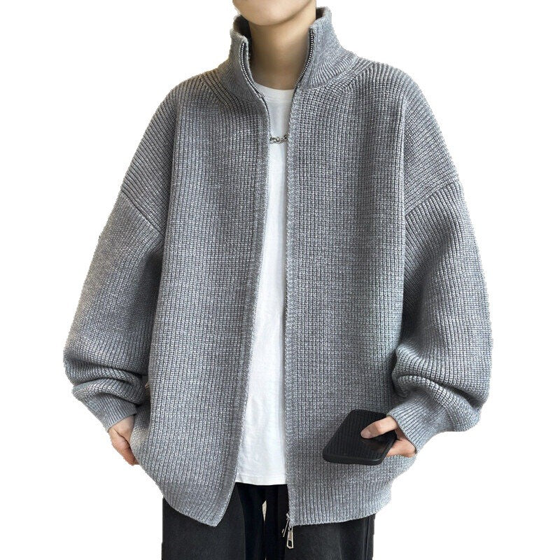 Unisex Oversized Knit Zip Jacket with Stand-Up Collar and Ribbed Cuffs Mune Fashion