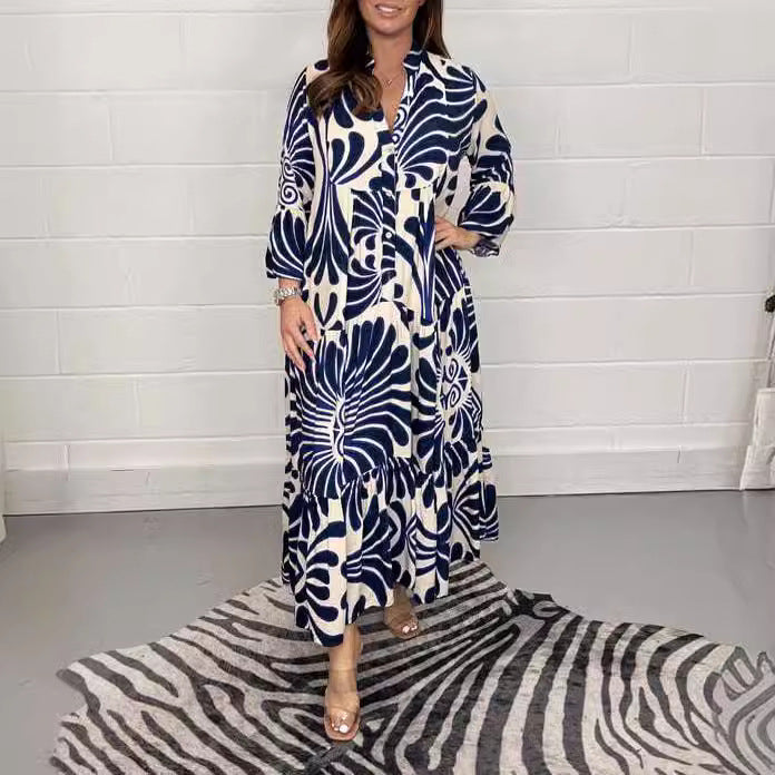 Ladies Long Tiered Dress with Button Placket and Abstract Leaf Print Mune Fashion