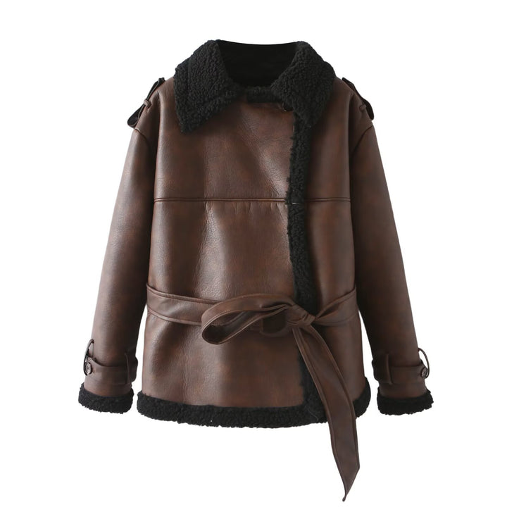 Women Tailored Aviator Coat made of Faux Leather with Teddy Lining and Tied Belt Mune Fashion