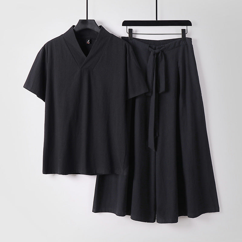 Women's Lightweight Loungewear Set with V-Neck Shirt and Flowing Midi Skirt with Drawstring Mune Fashion
