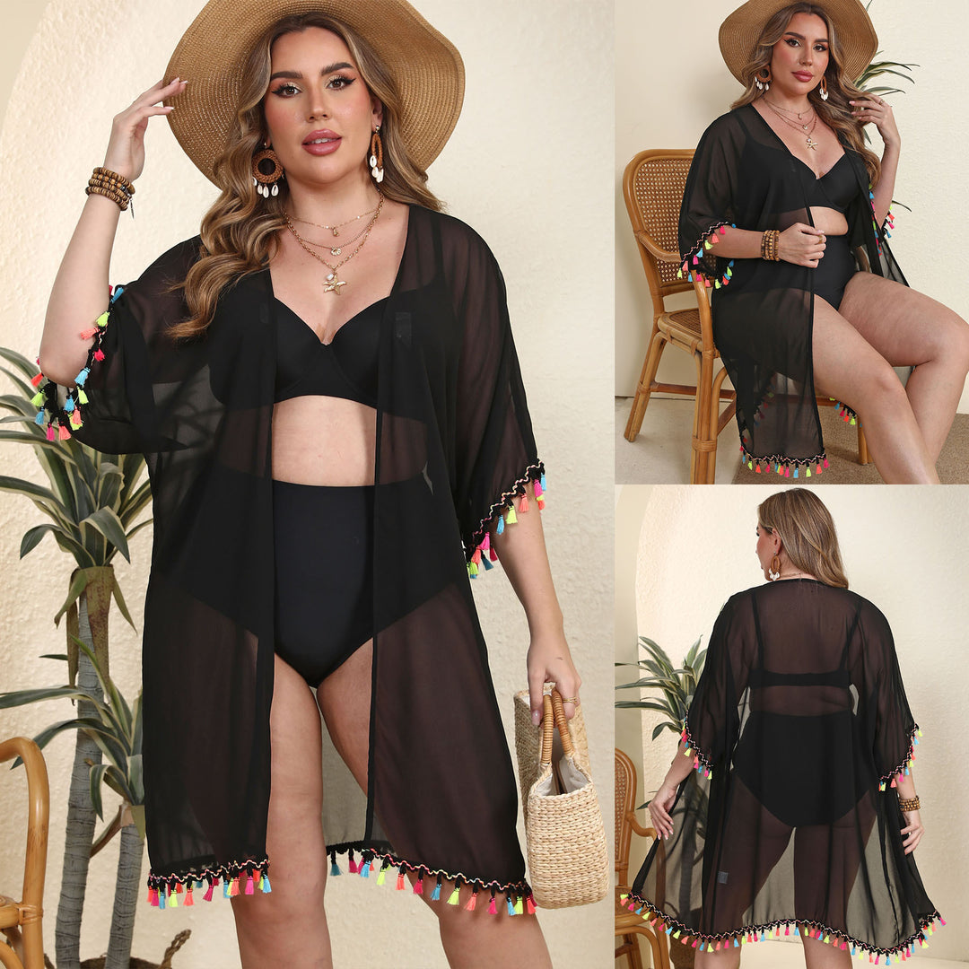 Women’s transparent beach cover-up with colorful tassel trim Mune Fashion