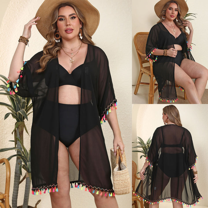 Women’s transparent beach cover-up with colorful tassel trim Mune Fashion