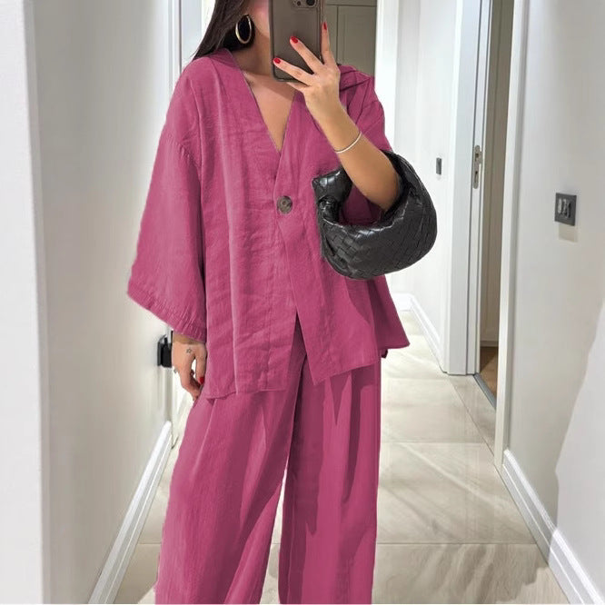Women's relaxed two-piece linen set with kimono-style oversized jacket and wide palazzo pants Mune Fashion