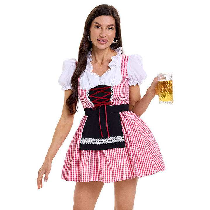 Ladies' short checked traditional Dirndl with lacing puff sleeves and apron Mune Fashion