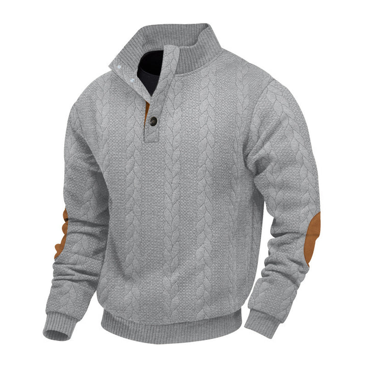 Men's cable knit turtleneck with stand-up collar, half button placket, and contrasting leather applications Mune Fashion
